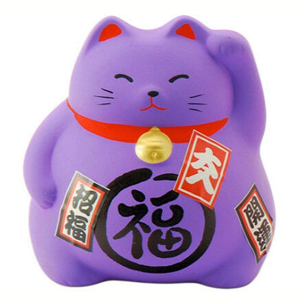 Japanese Ceramic Maneki Neko Feng Shui Fortune Lucky Cat Collectible Figurine Made In Japan, Promote Prosperity, Lavender