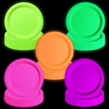 APUXXJUPA 100 Pcs Glow in the Dark Neon Party Supplies, 5 Color Neon Birthday Plates Disposable Paper Plates for Lets Glow Part