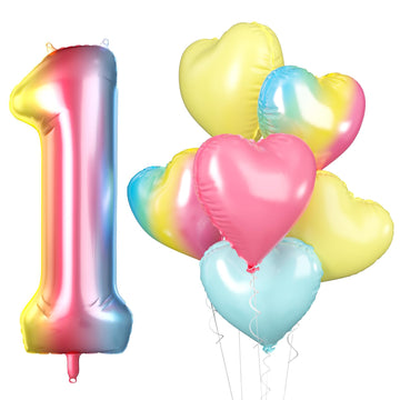 Biapian 40 Inch Rainbow Number 1 Balloons, 7Pcs Large Gradient Number One Balloon With Pink Blue Yellow Foil Heart Balloons For
