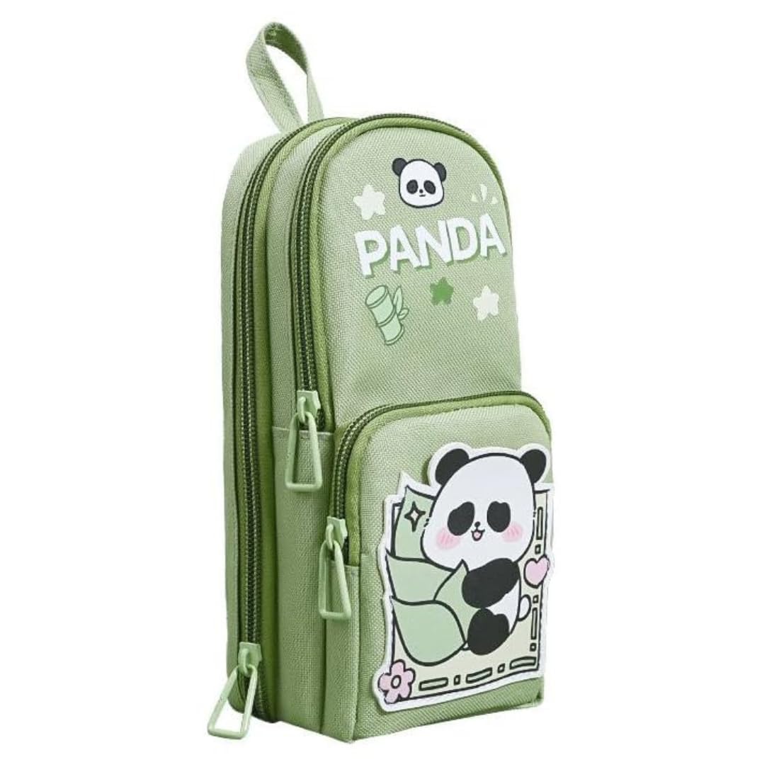 Arsenio 3 Compartment Panda Pouch Green Three Layer Canvas Cute Aesthetic Pencil Case Large Capacity Pen Pencil Pouch For School