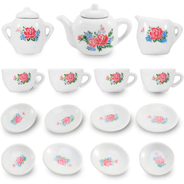Liberty Imports 17 Piece Rose Flower Miniature Porcelain Ceramic Tea Set - Pretend Play Kids Toy Mini Kitchen Playset