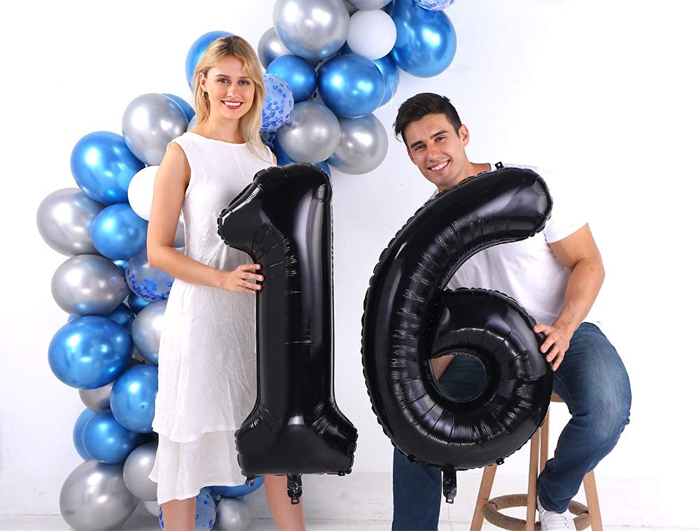 Black 16 Number Balloons Giant Jumbo Number 16 Foil Mylar Balloons For Girl Boy Men 16Th Birthday Party Supplies 16 Anniversary