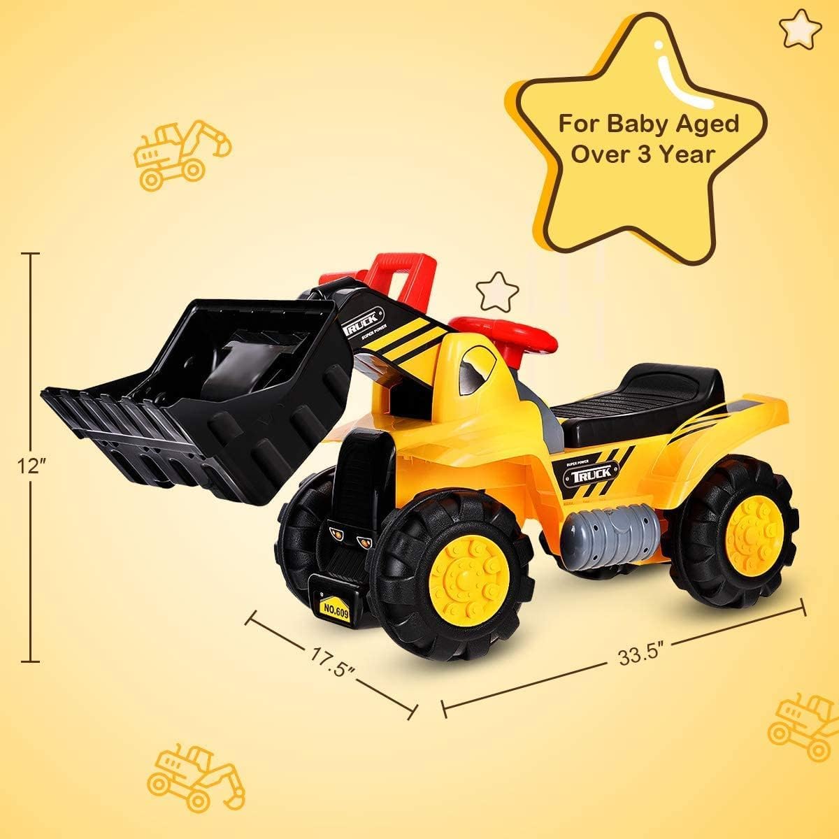 Giantex Ride On Bulldozer Truck For Kids, Excavator Digger Construction Vehicles, Pretend Play Sliding Tractor, W/ Multiple Sounds, Push Bucket, Low Seat, Anti-Skid Tires, Front Loader Ride-On Large