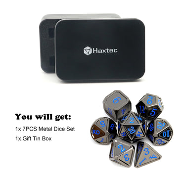 Haxtec Black Metal Dnd Dice Set D&D W/Gift Metal Case Polyhedral Dice For Dungeons And Dragons Ttrpg-Black Blue Numbers