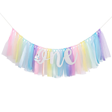 Unicorn Highchair Banner Decoration For Baby - 1St First Birthday Banner, High Chair Fabric Garland Party Supplies, Red Orange Y