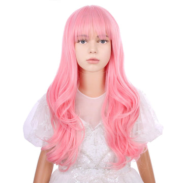 Wavelnm Kids Pink Wigs Child Long Curly Wavy Wigs Light Pink Wig For Girls Pink Wig With Bangs Synthetic Wig With Wig Cap