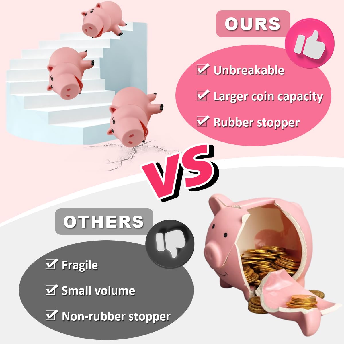 Phocas Piggy Bank, Cute Pink Plastic Coin Bank For Girls And Boys, Unbreakable Pig Money Bank For Xmas Christmas Birthday Gift