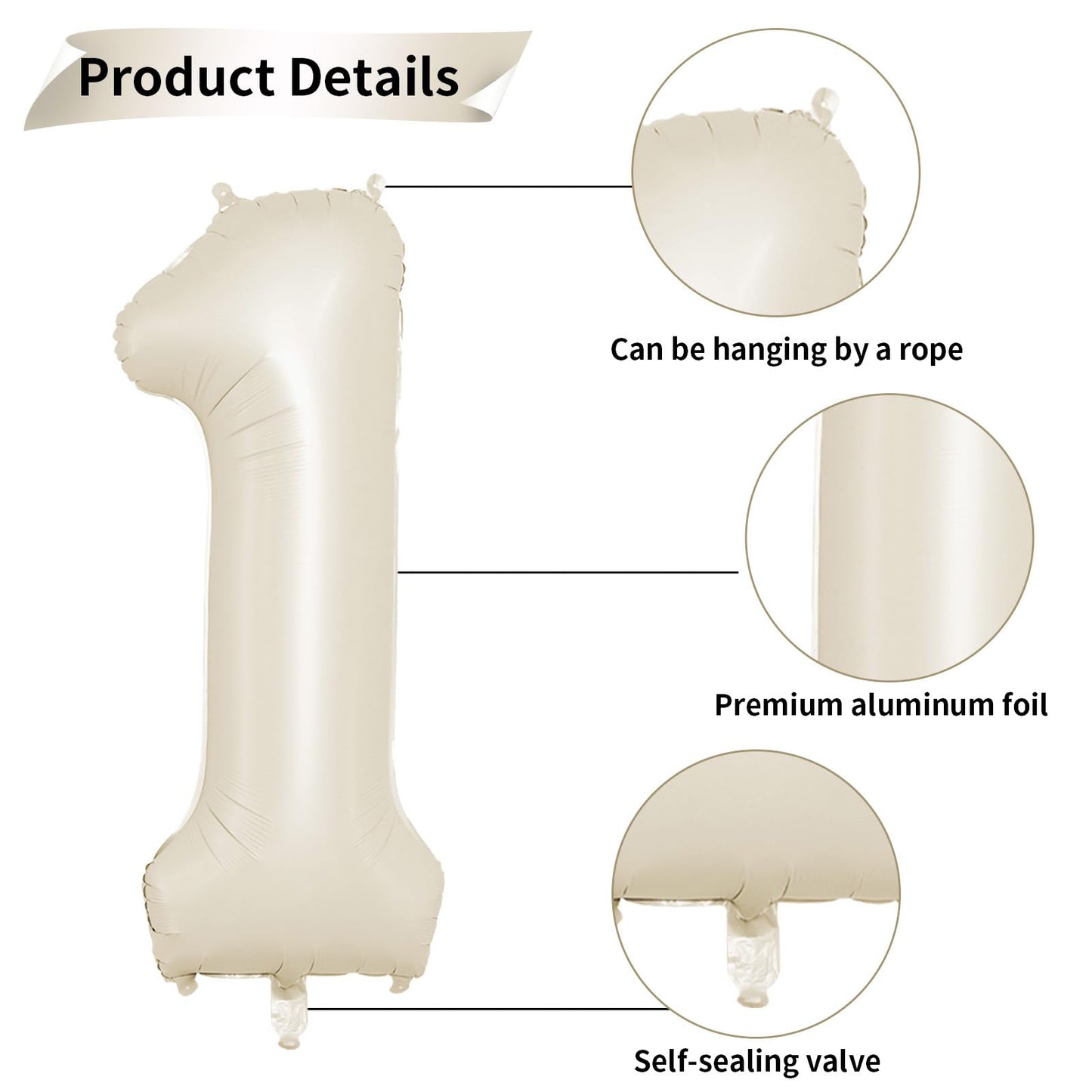 40 Inch Cream Number 1 Balloon, Beige Large 1St Birthday Balloons, Digital 1 Cream White Giant 1 Foil Balloon Helium For 1St Bir