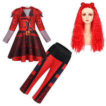 Sukyfecde Red Costume For Girls Cosplay Clothes Set With Wigs Christmas Pretend Play Outfit Birthday Dress Up Size 7-8 Years