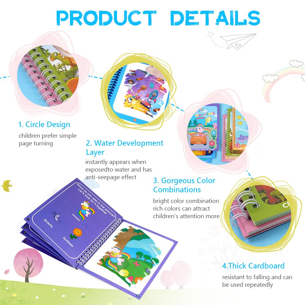 OSDUE Water Coloring Book for Toddler, 6 Pack Water Painting Book for Toddlers, Paint with Water Books, Educational Learning Doo