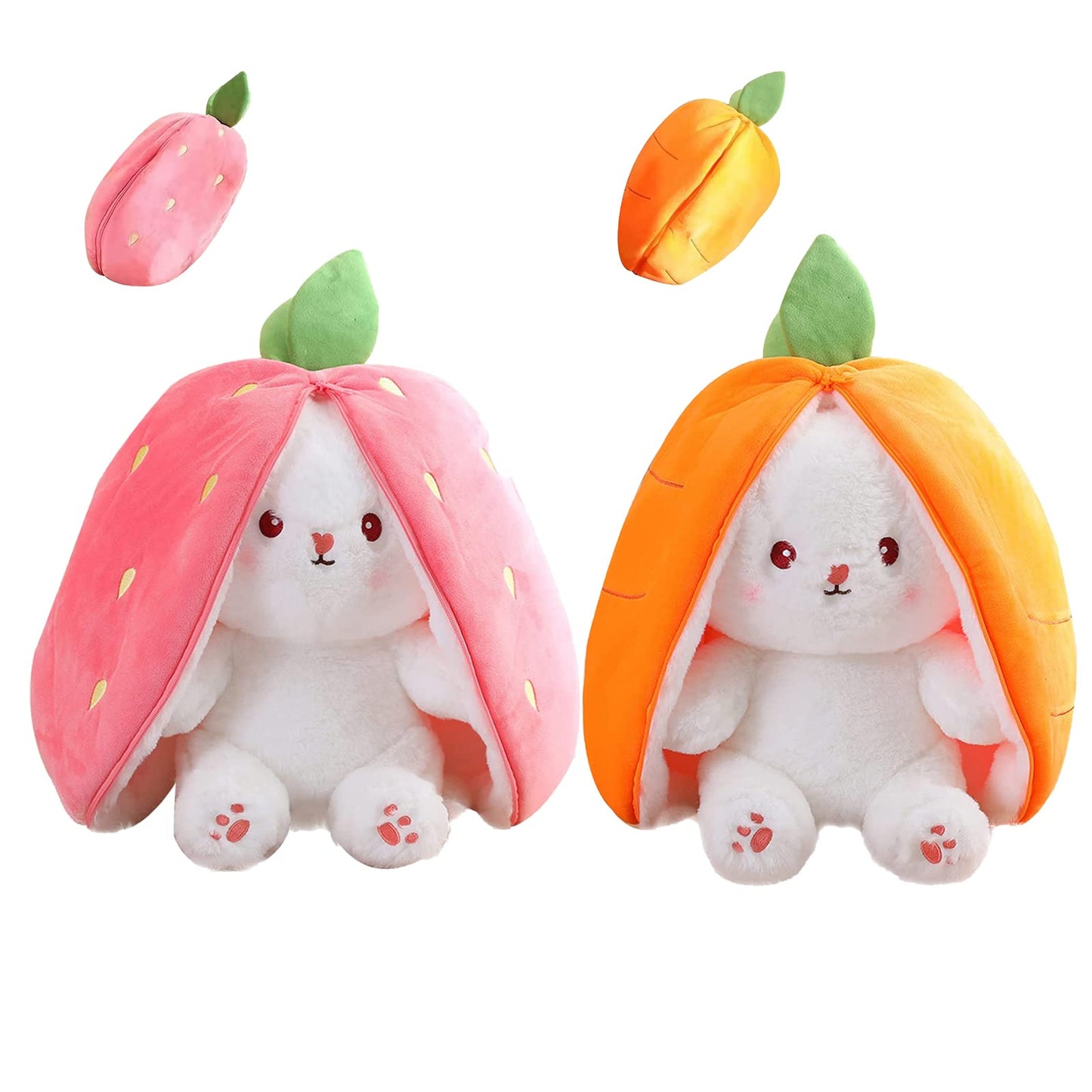 Mukorolee 2Pcs Plush Toy Pillows: Reversible Carrot Strawberry Bunny With Zipper, Easter Stuffed Animal Rabbit Plushie - Cute Birthday Gift For Kids (13.8' Set)