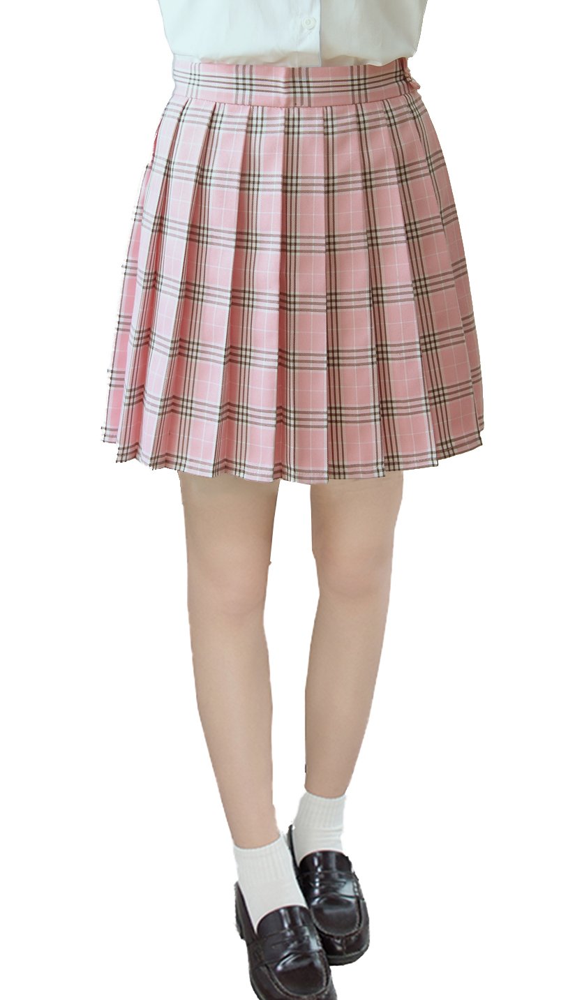 Girls School Uniform Plaid Pleated Costumes Skirts (M, Pink Mixed White)