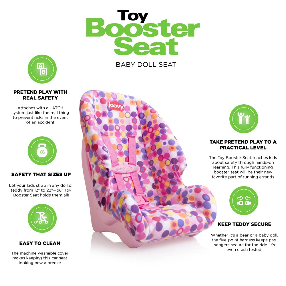 Joovy Toy Booster Seat & Functional Doll Car Seat Featuring Crash-Tested Latch System For Safety, Machine-Washable Cover For Easy Cleaning, And Five-Point Harness - Fits Dolls 12” To 22”, Pink