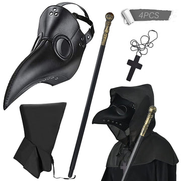 BUUFAN 4PCS Plague Bird Doctor Mask PU Leather Long Nose Beak Mask with Cloak Crucifixion Necklace Scepter Scary Halloween Mask