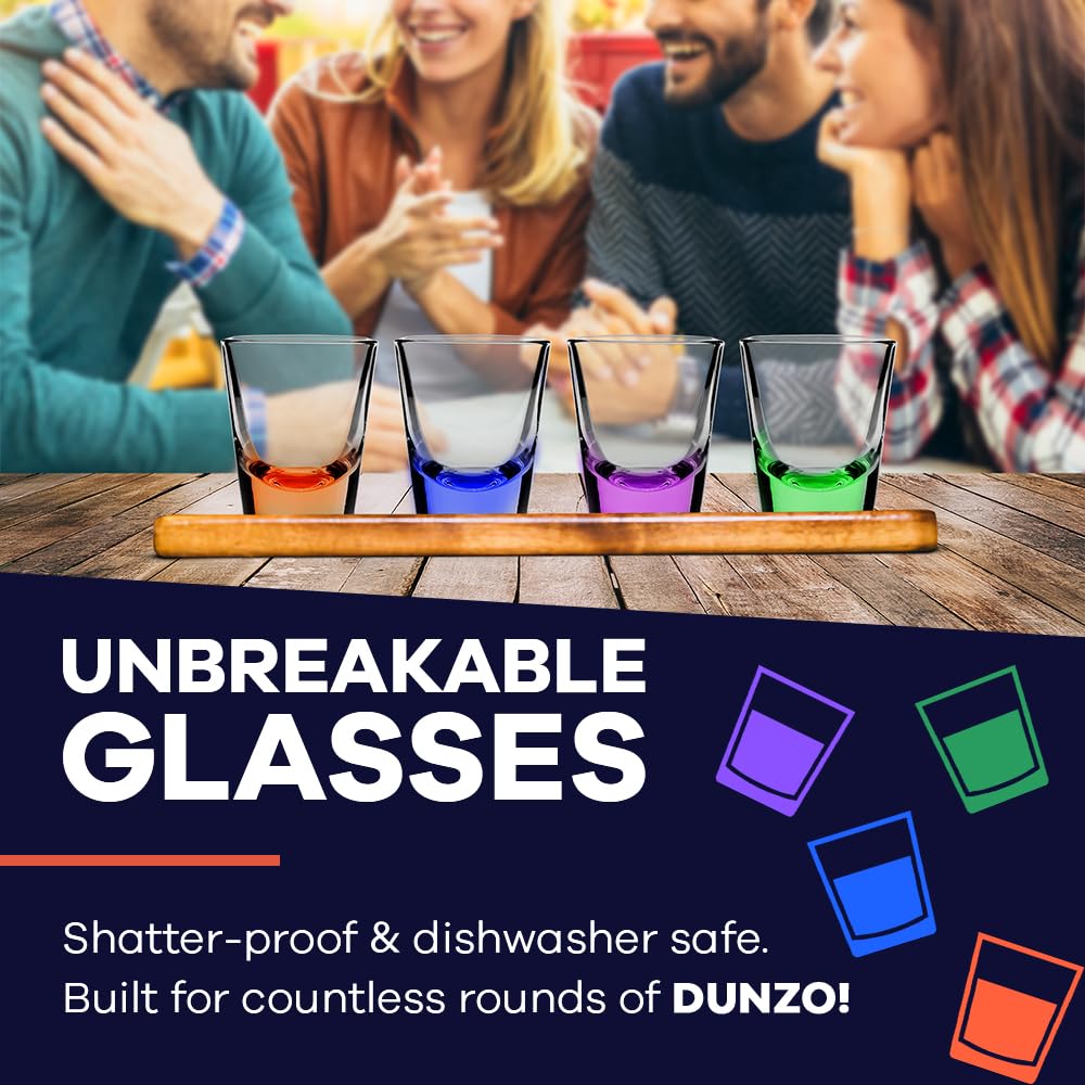 DUNZO - Party Version of Classic Card Game with 4 Unbreakable Glasses - Draw Two  Skip  Reverse  Get Hydrated - Fun Party Game & Funny Gifts - mature-themed Games for Game Night - mature-themed Party Games