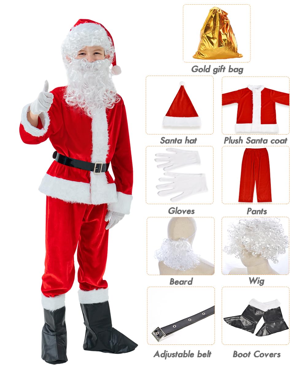 Exlita Children'S Santa Claus Suit 8Pc. Boys Child Velvet Christmas Costume For Kids Halloween Christmas Cosplay Fancy Party, Red