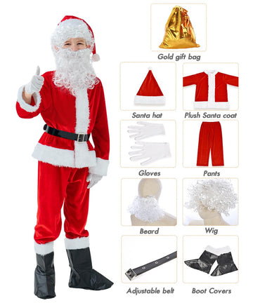 Exlita Children'S Santa Claus Suit 8Pc. Boys Child Velvet Christmas Costume For Kids Halloween Christmas Cosplay Fancy Party, Red