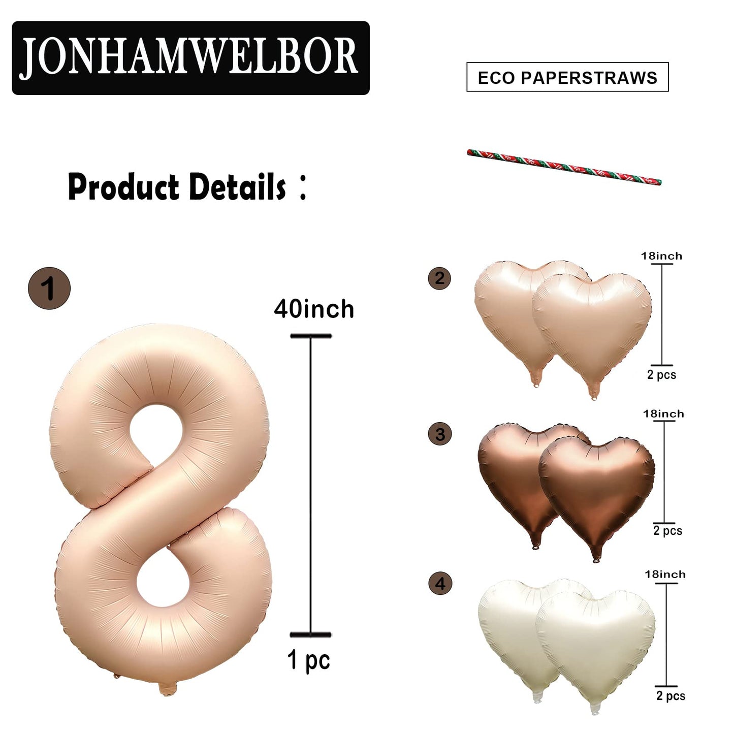 Jonhamwelbor 40 Inch Light Brown Number 8 Balloon Caramel Large Big Giant Helium Mylar Foil Number Balloon With Heart Balloons F