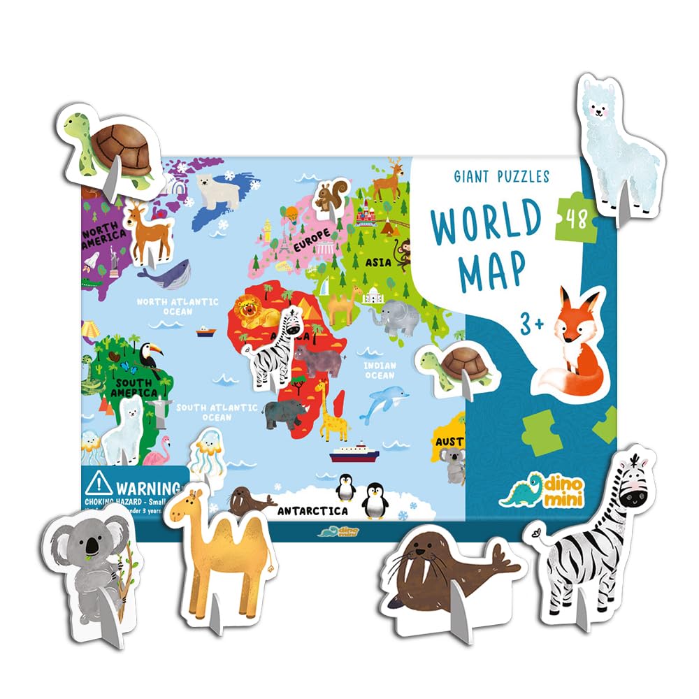 Dinomini Giant World Map Puzzle for Kids  with Interactive Standing Figures  Floor Puzzles for Kids Ages 35  Preschool Learn