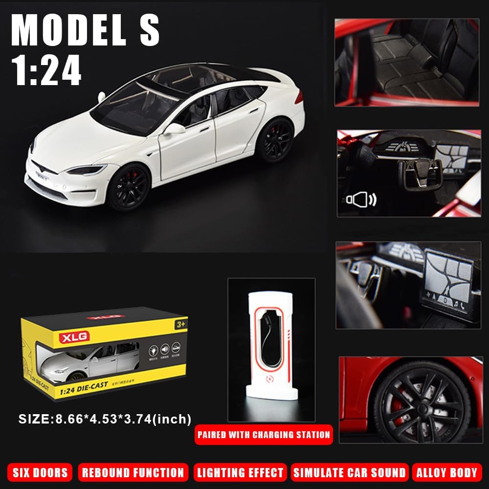 1/24 Model S Diecast Toy Car, Pull-Back Function, Sound and Lights, Perfect for Kids & Adults, Birthday Gift (White)