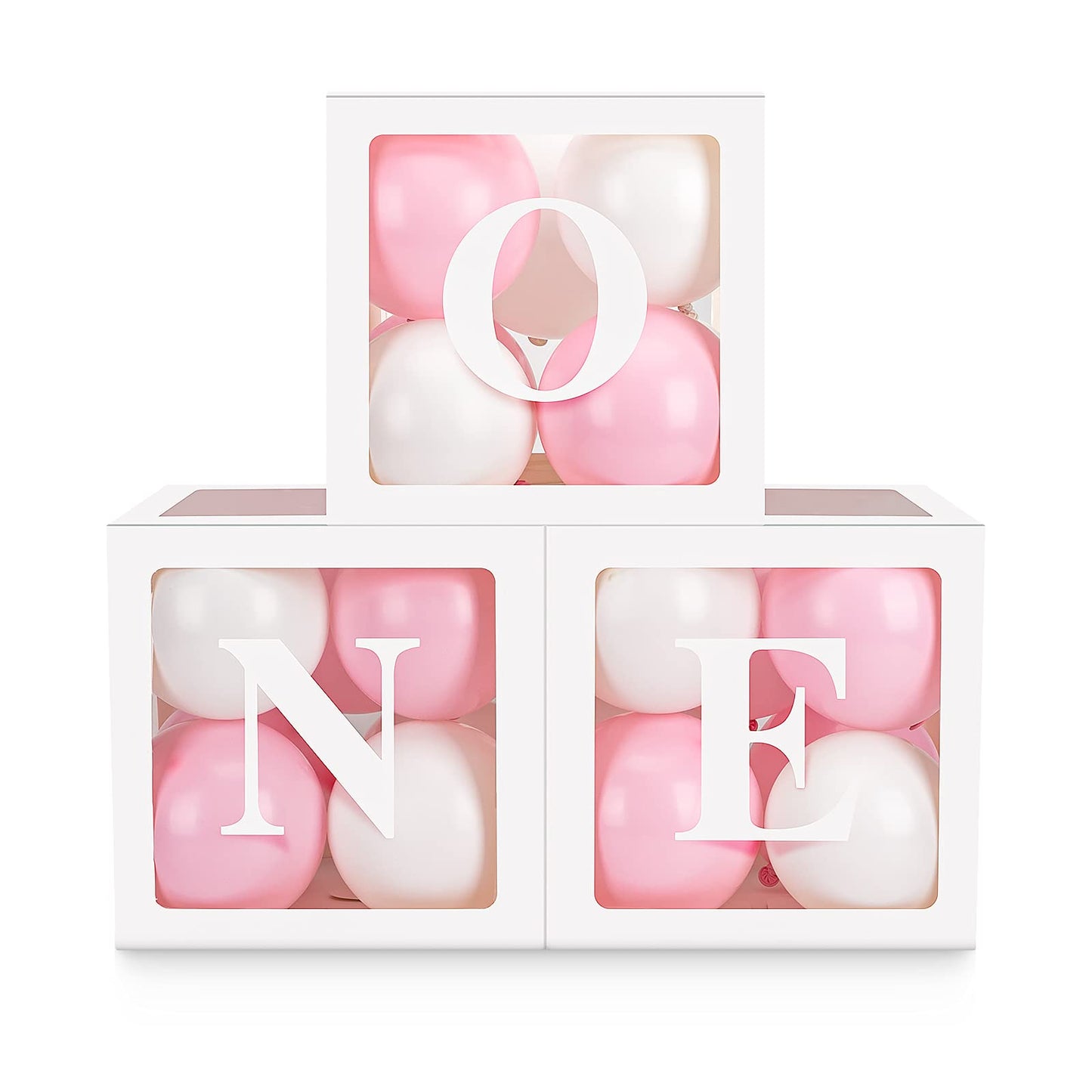 HDLJD Baby Girl First Birthday Party Decorations - 'ONE' Letters, 10" White & Baby Pink Square Boxes with 24 Balloons, Model HZ001