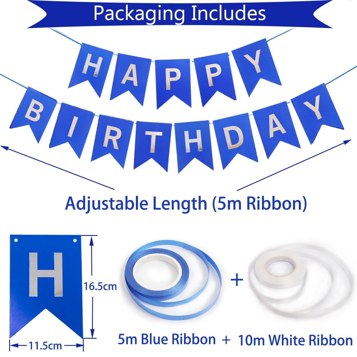 Happy Birthday Banner, Blue Birthday Decoration, 16 Pcs 12In Happy Birthday Balloons With 2 Ribbons For Boys And Men Any Ages Bi