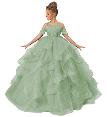 Zpvp Long Girls Pageant Dress Sage Green Flower Girl Dress Princess Ruffles Beaded Appliques Tulle Wedding Party Costumes Us8