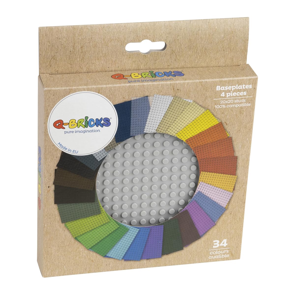 Q-Bricks Classic Baseplate - Building Kit For Toddlers & Kids - 20 X 20 Studs - 6.3 X 6.3 Inches - Pack Of 4 Baseplates - Compat