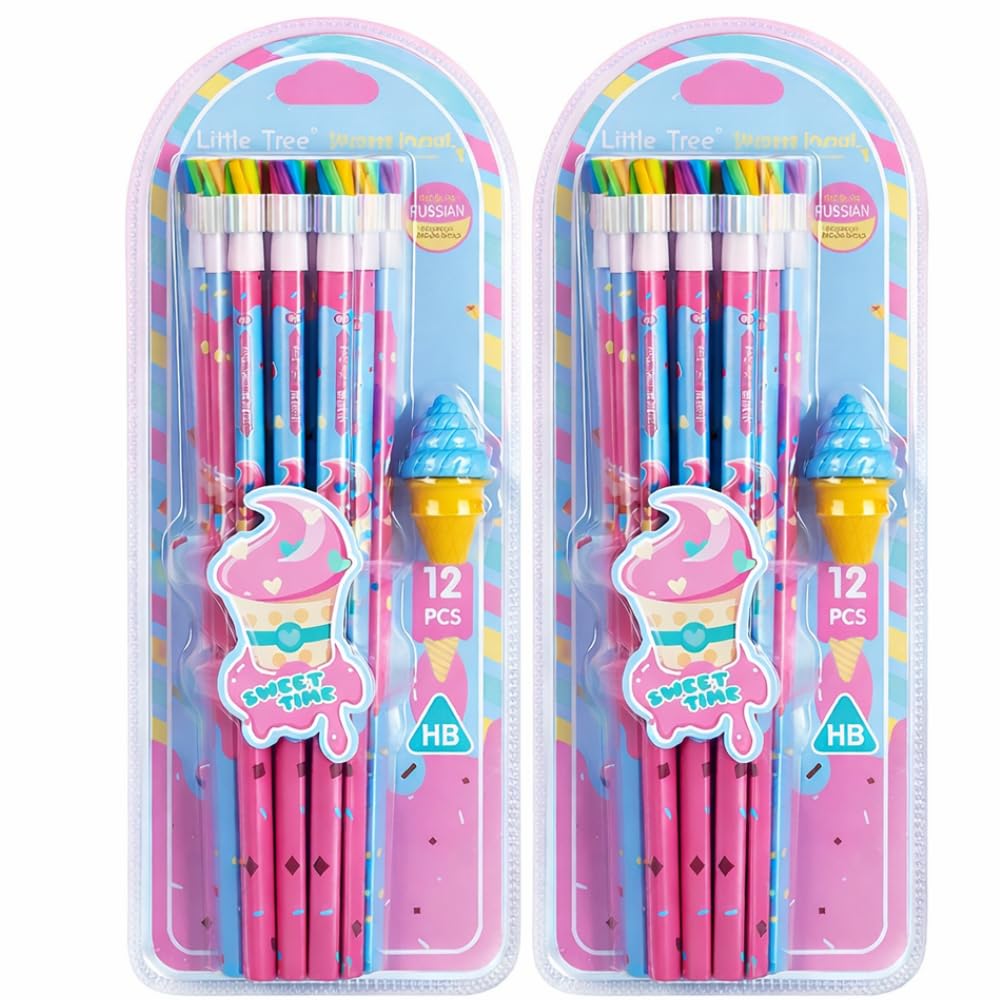 A Little Swag 24 Pcs Hb Pencils Set With Cute Ice Cream Erasers - Cartoon Theme Colourful School Pencils For Girls, Boys, Kids, 