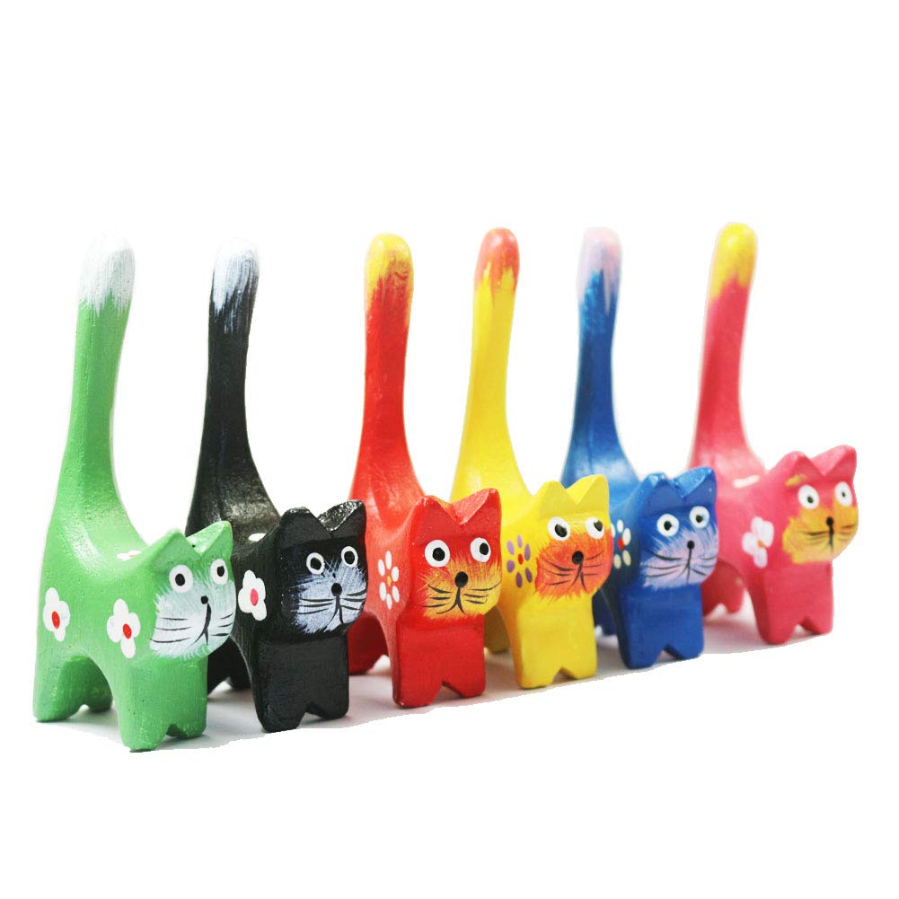 Set Of 6 Long Tail Kitty Cat Figurine Decorative Carved Wooden Cat Fgiures Kitties Statue Sculpture 4.25' Tall, Animal Cat Kitty Figurine Collection For Cat Lovers, Girls