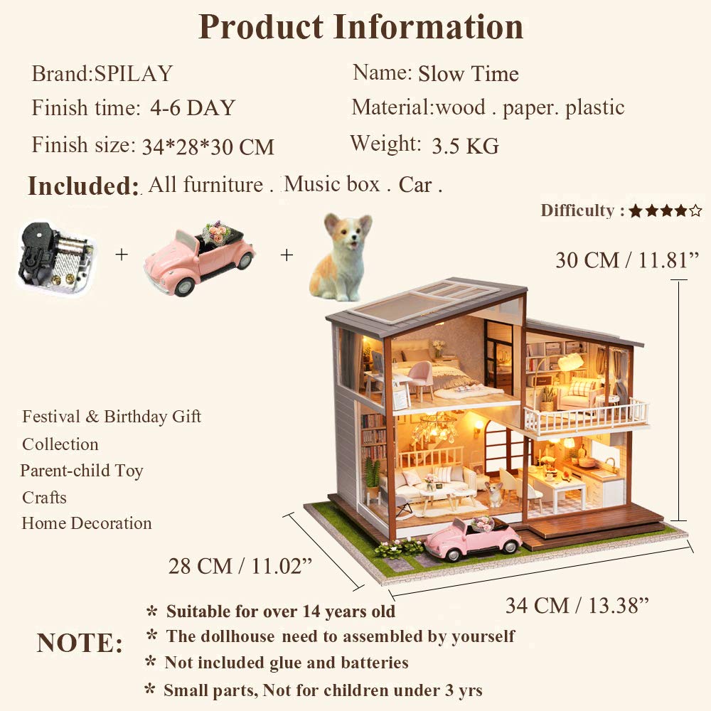 Spilay DIY Dollhouse Miniature with Wooden Furniture DIY Dollhouse Kit Large Villa Model with LED Light & Music Box 1:24 Scale Creative Room Gift for mature-themed Teenager