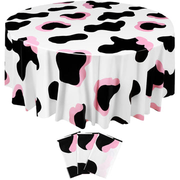 Oudain 3 Pcs Pink Cowgirl Cow Themed Table Cover Plastic Round Cow Themed Tablecloth 84 Inch Farm Animal Tablecloth Disposable B