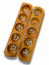 Paljji Handicrafts Vamana Guntalu/Pallanghuzi/Mancala Wooden Board Game With Sea Shells, Storage Bag (10 - Pit Board)