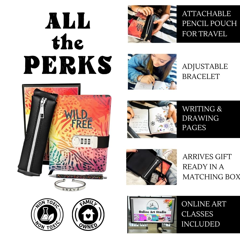 Life Is A Doodle Diary For Girls And Journal For Teens - Diary With Lock Gift Set Includes: Locking Notebook Journal, Traveling Pencil Pouch, Silver Brave Cuff, Writing Pen, And Sleek Gift Box