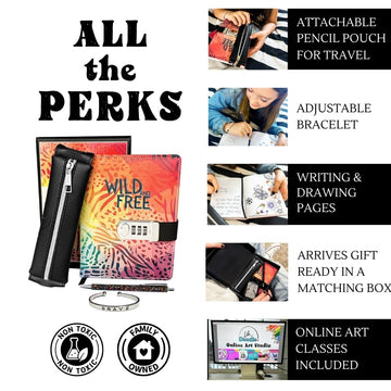 Life Is A Doodle Diary For Girls And Journal For Teens - Diary With Lock Gift Set Includes: Locking Notebook Journal, Traveling Pencil Pouch, Silver Brave Cuff, Writing Pen, And Sleek Gift Box