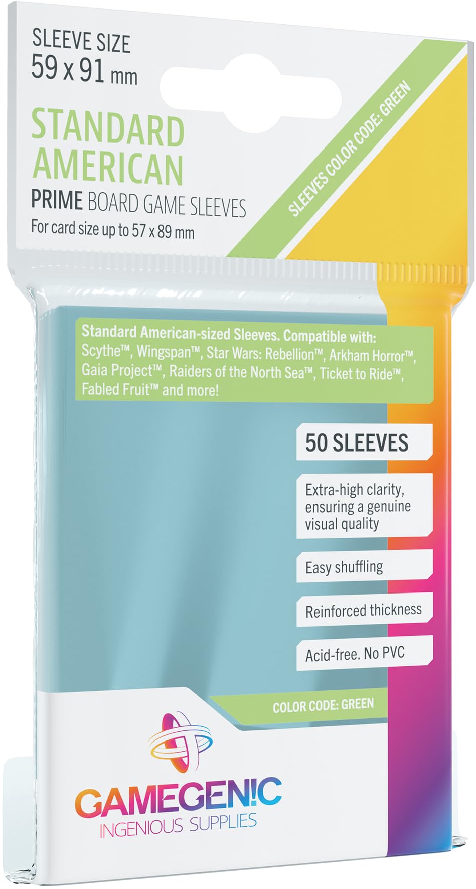 Prime Board Game Sleeves | Pack of 50 Extra-Clear Sleeves | 59 by 91 mm Card Sleeves Optimized for Standard American Card Games | enhanced Card Protection | FFG Green Color Code | Made by Gamegenic