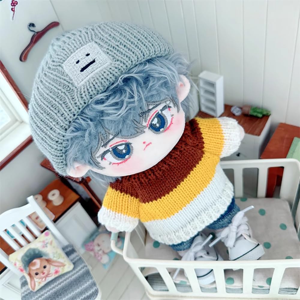 niannyyhouse 7.8in/20cm Plush Doll Clothes Hat + Sweater + Shorts 3-Piece Set Doll Dressup(Grey+Blue)