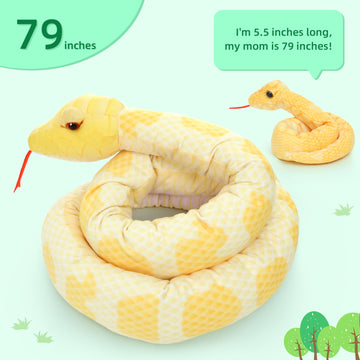 Morismos Giant Snake Stuffed Animal Mommy With Babies, Realistic Stuffed Snakes Plush Toy, 80' Long Yellow Boa Constrictor For Kids, Girls, Boys, 3 Snake Babies, 2 Snake Eggs