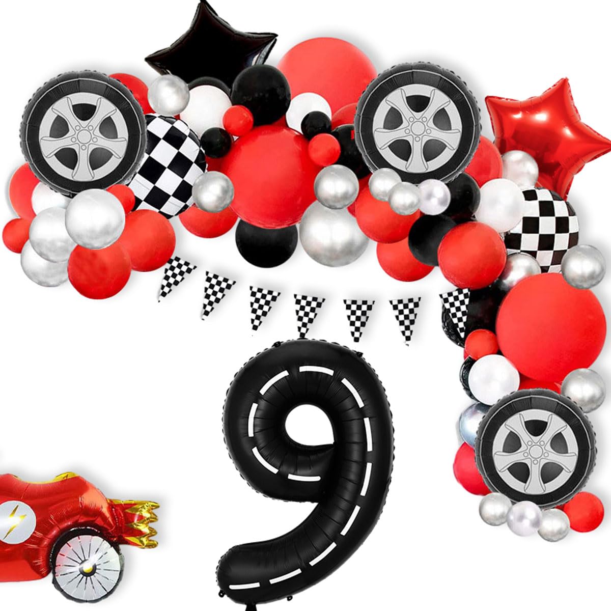 Race Car Birthday Balloons Decorations, 40 Inch Racetrack Black Number 9 Balloon, Large Mylar Black 9 Balloon For 9St Birthday R
