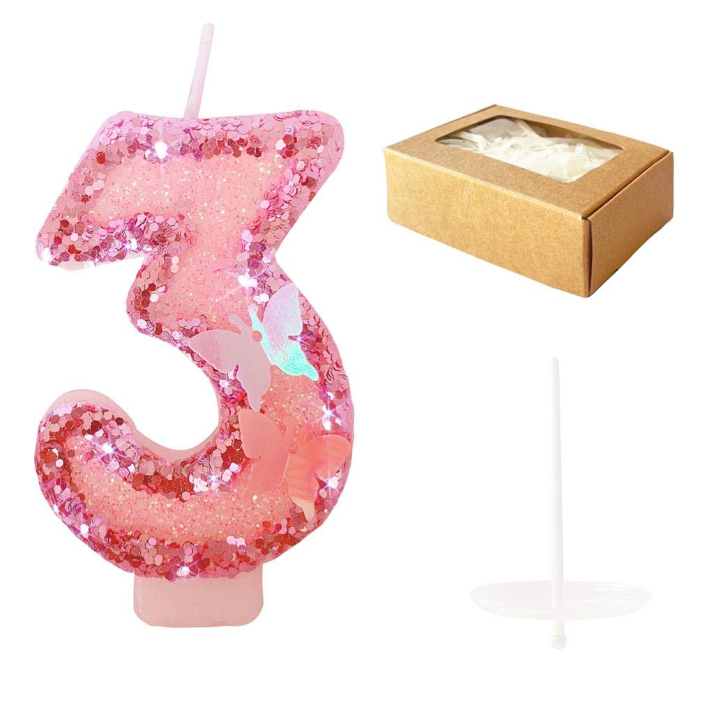 Birthday Candles Number 3,Pink Glitter Happy Birthday Cake Candles Handmade Sequin Numeral Candle