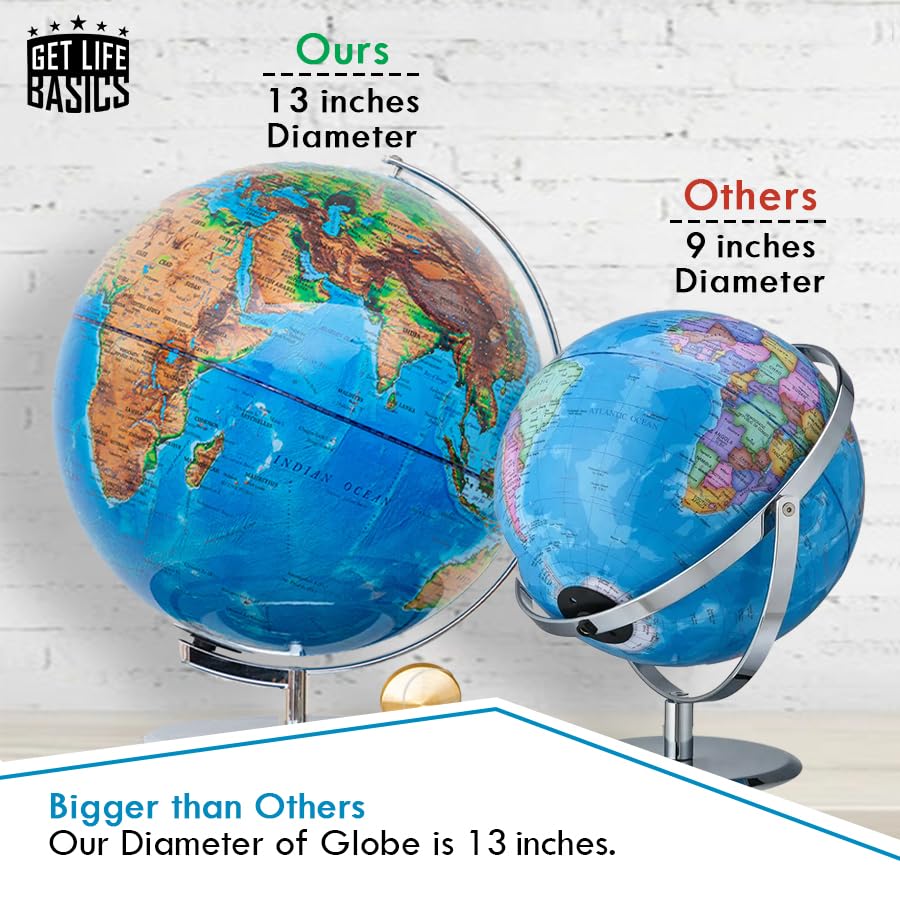 Interactive World Globe for mature-themeds - Large 13 Inch Globe with Stand - Earth Globe with Illuminated Constellations Light Up at Night - Geographic Map for Kids - Educational Learning Gift - Compass to navigate it!