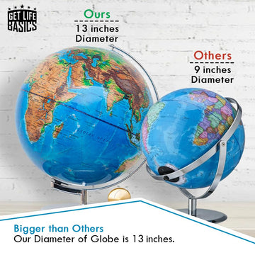 Interactive World Globe for mature-themeds - Large 13 Inch Globe with Stand - Earth Globe with Illuminated Constellations Light Up at Night - Geographic Map for Kids - Educational Learning Gift - Compass to navigate it!