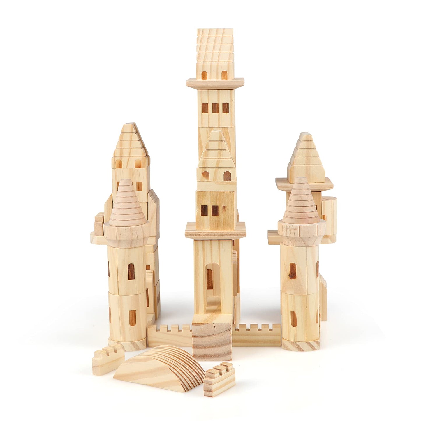 Garlictoys Wooden Castle Blocks Kit - 75 Pieces, Medieval Knights & Princesses, Beige, Model WC, Perfect for Kids Boys and Girls