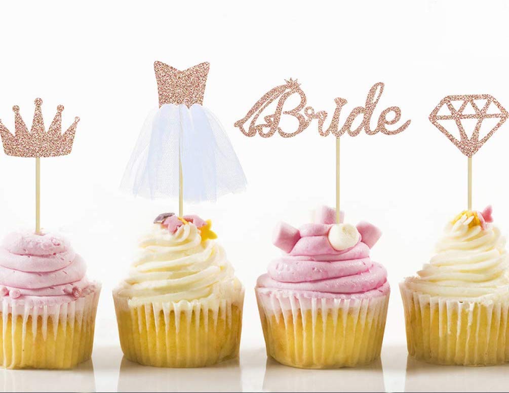 Flairs New York Bridal Wedding Decorations Banner Cake Toppers Party Props (Pack Of 4 Cup Cake Toppers, Bride Rose Gold Glitter)