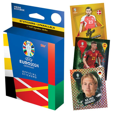 Topps Official Euro 2024 Sticker Collection - Mega Eco Box - Contains 87 Euro 2024 Stickers, 2 Parallel Stickers Plus 1 Gold Signature Series Sticker.