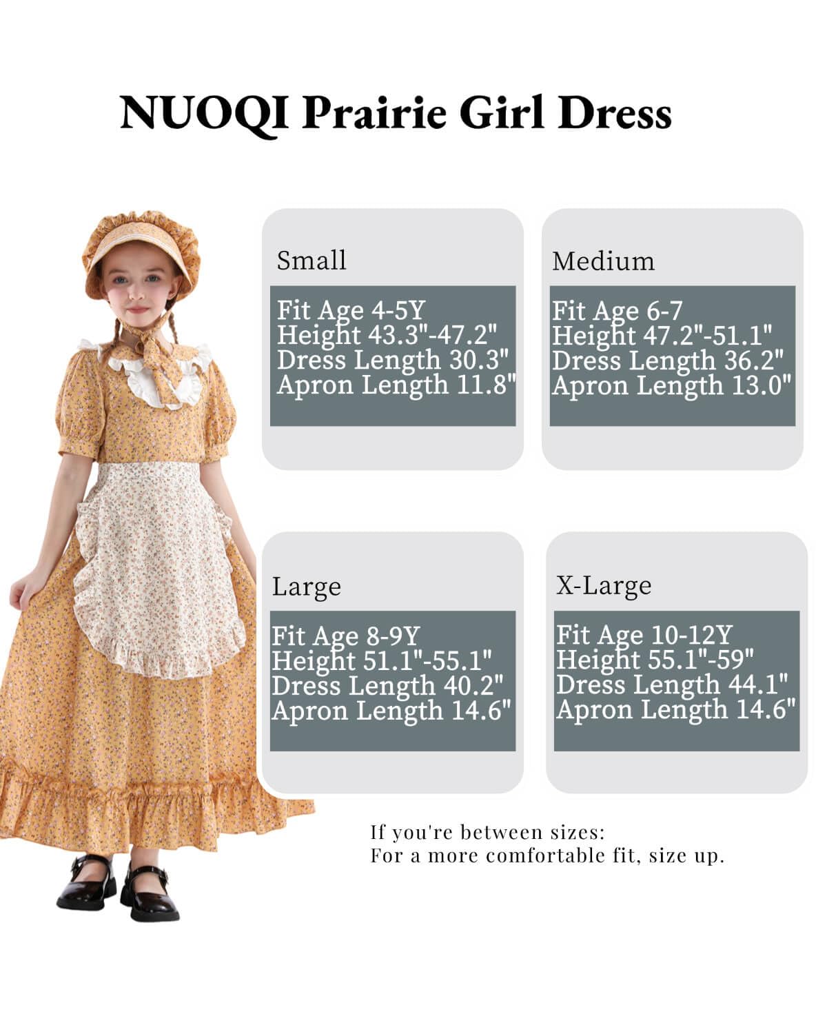 Nuoqi Prairie Dresses For Girls, Yellow Laura Ingalls Wilder Costume Pioneer Colonial Dress With Apron, 8-9