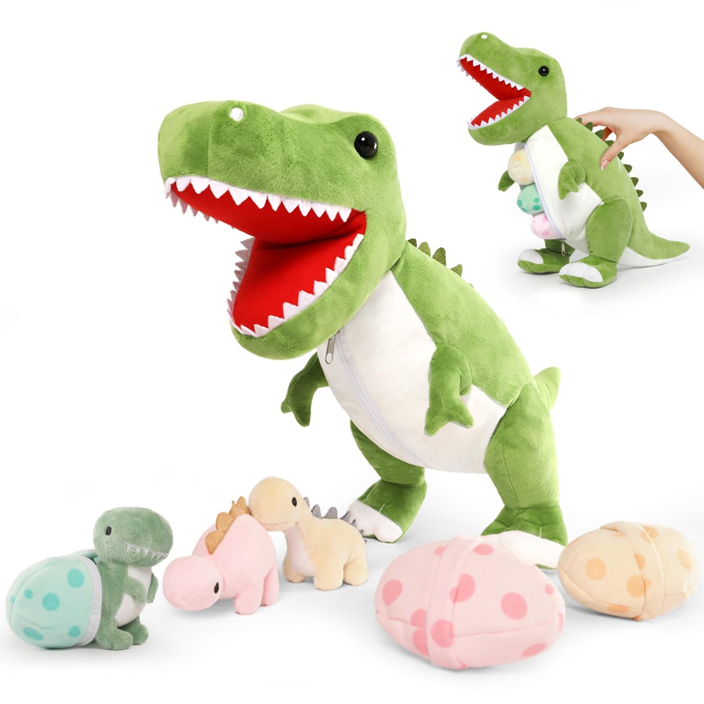 Morismos Giant Dinosaur Stuffed Animal,23.6'' Big Mommy Stuffed Dinosaurwith 3 Baby Dinosaurplush Toys & 3Eggs Plush Inside Its Zipper Tummy,Large Boy Girl Dinosaur Toysfor Kids Birthdaychristmas