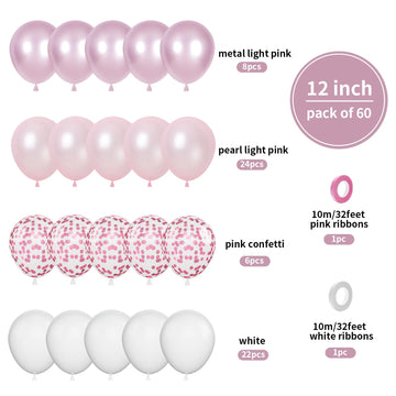 Biapian Pink Balloons, 60 Pcs Pink And White Balloons, 12 Inch Metallic Pink Confetti Balloons Pearl Latex Balloon Helium For Gi