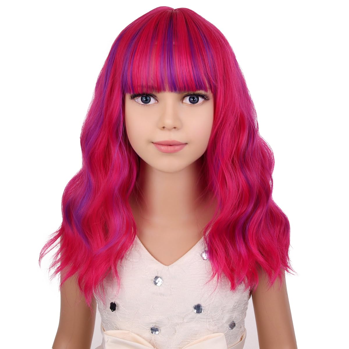 Pattnium Rose Mixed Purple Wig For Kids Child Magenta Wig With Bangs Girls Neon Pink Wig Cosplay Halloween Party Costume Wig