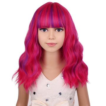 Pattnium Rose Mixed Purple Wig For Kids Child Magenta Wig With Bangs Girls Neon Pink Wig Cosplay Halloween Party Costume Wig